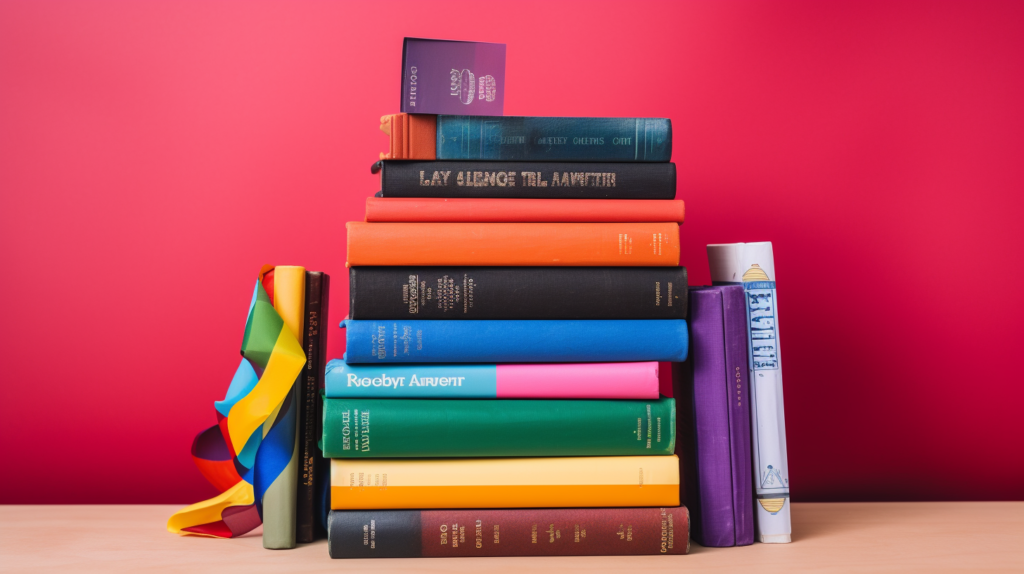 A stack of banned books with a pride flag in the background